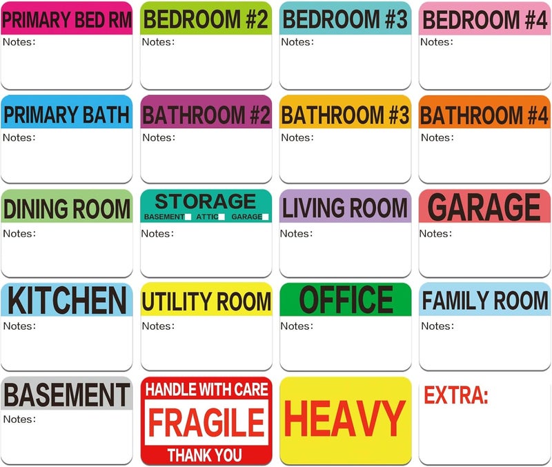Lrogoe 600 Count 3 x 2 Large Home Moving Packing Box Labels for 3-4 Bedroom House with Writable Notes Areas, 17 Color Coded Moving Labels for Boxes + Fragile Moving Stickers + Heavy and Blank Labels - Image 1